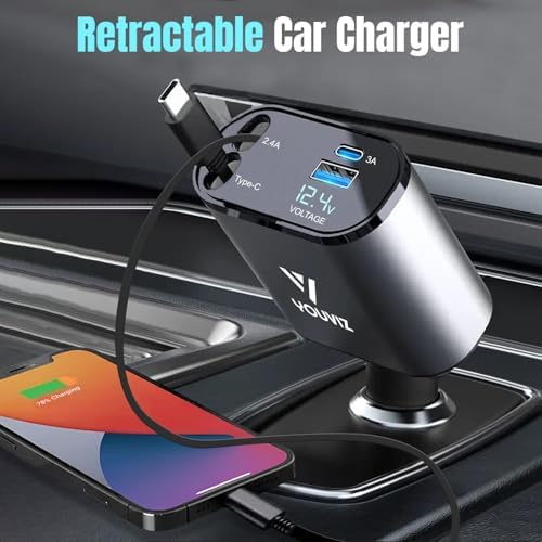 Versatile 4-in-1 Retractable Car Charger with Dual USB Ports – Fast Charging Solution for i Phone 16/15/14/13/12 & Android Devices – Compact Design with Tangle-Free Dual Retractable Cords (2.6 ft) – Perfect for Road Trips & Daily Commutes – Enhanced Compatibility for Samsung, Pixel & More