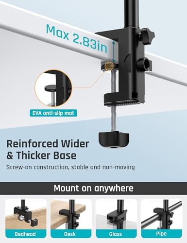Versatile Overhead Tablet and Phone Mount with Dual Clamp – Adjustable Stand for Hands-Free Use of i Pad Pro, Mini, Air, i Phone 15 Pro & Other 3.5″-12.9″ Devices – Enhanced Stability, 360-Degree Rotation, Perfect for Home, Office, or Travel