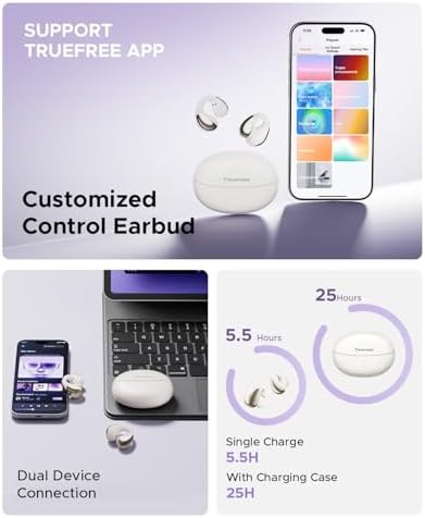 Elevate Your Sound Experience with truefree B1 Open-Ear Wireless Earbuds – Cutting-Edge Bluetooth 5.4 Technology, Immersive Spatial Audio, Ultra-Lightweight Clip-On Design, 25-Hour Long Battery Life with Quick Charge, Effortless Multipoint Connectivity for Smooth Device Switching, and Customizable Audio Settings via App for Personalized Listening Excellence. Perfect for Active Lifestyles, These Innovative Earbuds Combine Comfort and Awareness, Allowing You to Enjoy Music, Podcasts, and Calls While Staying Aware of Your Surroundings. Designed for Everyday Use, Whether at the Gym or on the Go, truefree B1 Offers Unmatched Sound Quality and Convenience, Transforming Your Audio Journey with Each Note.