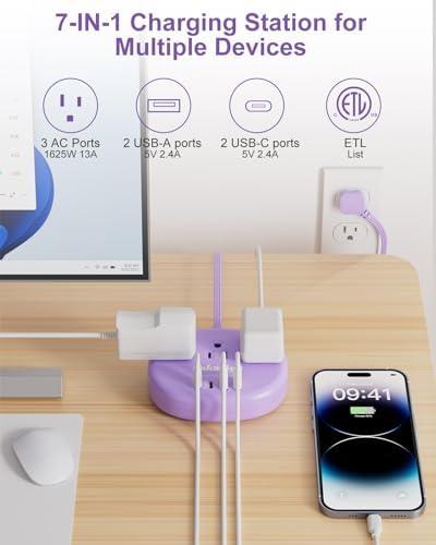 Stylish Brown Extension Cord with 1080 J Surge Protection – 5 FT Flat Braided Design Featuring 3 AC Outlets & 4 USB Ports (24 W/4.8 A) for Fast Charging – Ideal Tan Desk Accessory for Powering Devices Safely & Efficiently