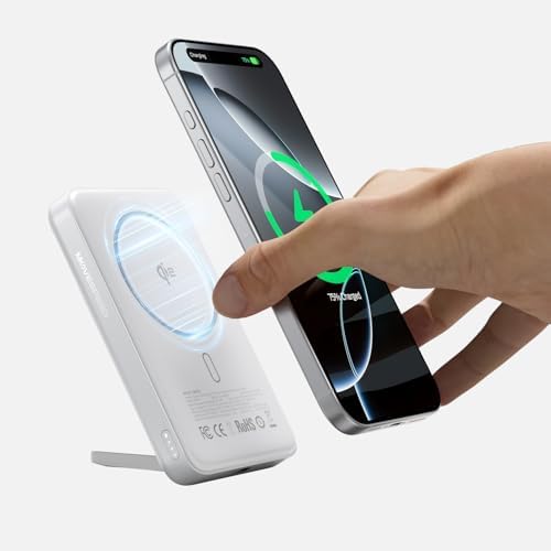 MOVE SPEED Qi2 Certified Mag Safe Battery Pack – 10,000 m Ah Ultra-Fast Charging Power Bank with Built-in Kickstand for i Phone 12/13/14/15/16 – 15 W Wireless Charging & 30 W USB-C Compatibility – Ergonomic Design for Effortless Portability and Convenience