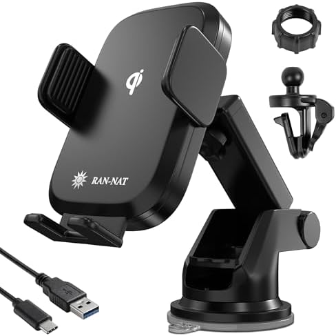 15 W Qi Wireless Car Charger with Auto-Clamping Technology – Versatile 3-in-1 Phone Mount for Dashboard, Windshield, or Air Vent – 360° Rotating Holder for i Phone, Samsung, LG & Motorola – Fast Charging Solution for All Compatible Devices – Enhance Your Driving Experience with Premium Convenience and Safety