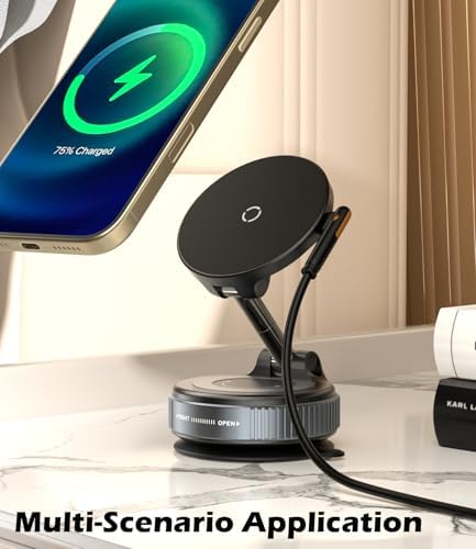 CloudValley 15W Fast Wireless Charger Car Phone Holder Mount, Vacuum Suction Cup Phone Holder Design for MagSafe iPhone 16/15/14/13/12, 360° Adjustable & Foldable Stand for Dashboard & Windshield – Enhanced Compatibility and Speed