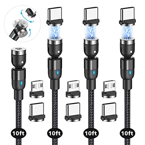 CJOY 4 Pack 10 ft Magnetic Charging Cable – 540-Degree Rotational Design for Effortless Connectivity, Durable Nylon Braided Exterior, Compatible with Type C & Micro USB Devices, Fast Charging Capability for Enhanced Performance and Flexibility