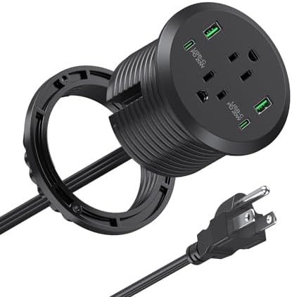 Revolutionize Your Workspace with the Elite Desktop Power Grommet: 40 W Fast Charging Hub Featuring 2 PD 20 W USB-C Ports, Dual AC Outlets, 4 USB Ports, and 6 ft Cord for Optimal Flexibility – Sleek Recessed Design for a Clutter-Free Desk Environment