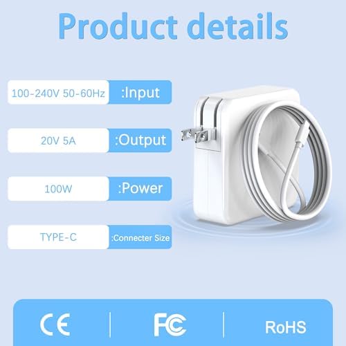 High-Efficiency 100 W USB-C Fast Charger for Mac Book Pro & Air – Optimized Power Adapter for 2023-2025 Models – Ultra-Lightweight and Durable with Advanced Safety Mechanisms for Reliable Performance and Ultimate Portability