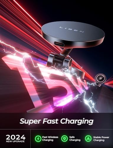 LISEN Mag Safe Car Mount Charger – 15 W Fast Charging Magnetic Wireless Holder for i Phone 16 Pro Max, 15, 14, 13 – Ultra-Durable Zinc Alloy Design for Secure Dashboard Fit and Enhanced Stability on the Road – Essential Fast Charging Accessory for i Phone Users