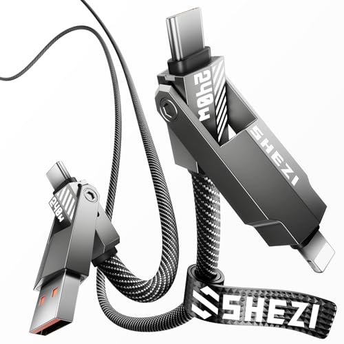 SHEZI Premium 4-in-1 5 FT USB-C Lightning Cable – Versatile Multi-Device Charging Solution with Fast Charging Capability, Durable Nylon Braided Design, and Enhanced Compatibility for i Phone, i Pad, and USB-C Devices – Stylish Grey Finish for Modern Tech Users