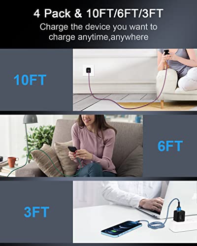 10 ft Braided USB Type C to Lightning Fast Charging Cable – MFi Certified Power Delivery Cord for i Phone 14/14 Pro Max/13/13 Pro/12/12 Mini/11/11 Pro/XR/XS – 4 Pack for Enhanced Flexibility and Convenience