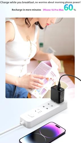 Ultra-Fast 65 W USB C Charger with Three Ports – Compact Ga N Wall Charger for i Phone 16 Pro Max, Mac Book, Galaxy S24, and More – Portable Foldable Design with USB-C Cable for Home, Office & Travel Needs