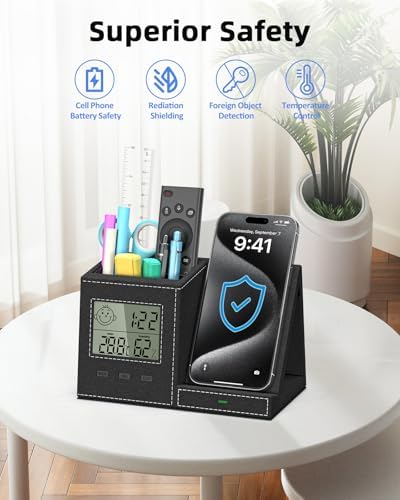 Multi-Functional Desk Organizer with Wireless Charging, Digital Thermometer & Humidity Monitor – Stylish Brown Pen Holder for Home Office Efficiency and Clutter-Free Workspace