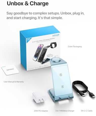 Intoval 3-in-1 Wireless Charging Station: Sleek Fast Charger for i Phone 16/15/14/13/12/11/X Pro Max, Apple Watch 10 Ultra/3 SE/9/8/7/6/5/4/3/2, and Air Pods Pro/4/Pro 2/3 – Ultimate Compatibility and Efficient Power Management in Stylish Silver Finish