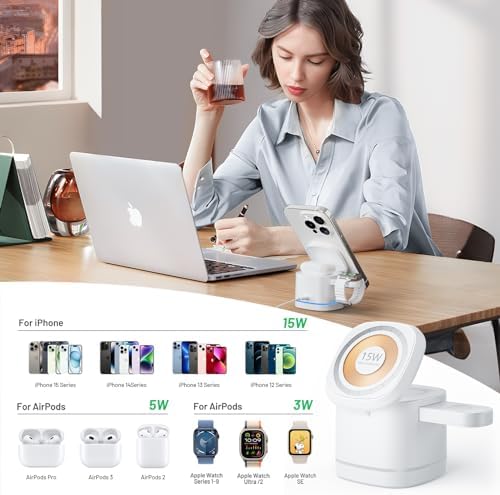 Ultimate 3 in 1 Magnetic Wireless Charger for Apple Devices – Fast Mag-Safe Charging Stand for i Phone 15/14/13/12, Air Pods 3/2/Pro & All Models of Apple Watch – Portable, Elegant Design for Home, Office & Travel