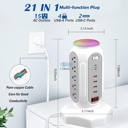 Ultimate Power Strip Tower with 15 Outlets & 6 USB Ports – Surge Protector with Vibrant LED Indicator & Rapid Charge Technology – 6.5 ft Heavy-Duty Extension Cord for Home Office & Entertainment Hub – Versatile Desktop Charging Solution for All Devices