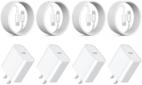 Ultimate 20 W MFi Certified i Phone Fast Charging Bundle – 4-Pack USB-C Wall Adapters with 6.6 FT Lightning Cables for Models 14, 13, 12, 11 Pro Max & More – Compact, Safe, and Efficient Charging Solution for Home, Office, or Travel