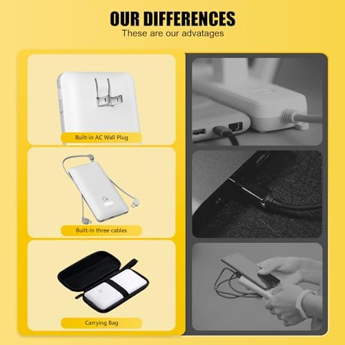 Ultimate Brand Q 10000 m Ah Portable Charger with Built-in Cables and AC Wall Plug – Fast Charging Power Bank with USB-C, Triple Output Ports for i Phone, Tablet & All Smartphones – Perfect Travel Companion for On-the-Go Charging