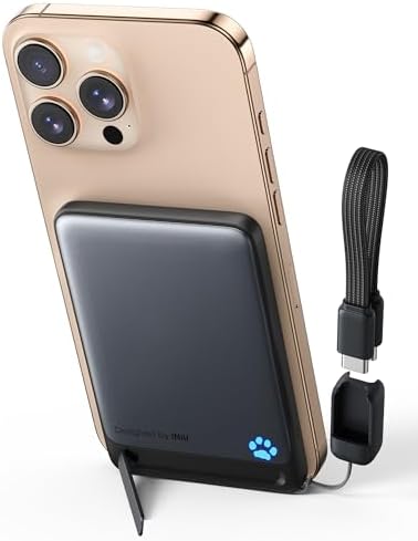 Ultra-Slim Mag Safe Portable Charger – INIU 20 W 5000 m Ah Magnetic Power Bank with Qi2 Certification, Fast Wireless Charging, Lanyard USB-C Cable & Kickstand for i Phone 12-16 – Compact Power Solution for On-the-Go Users