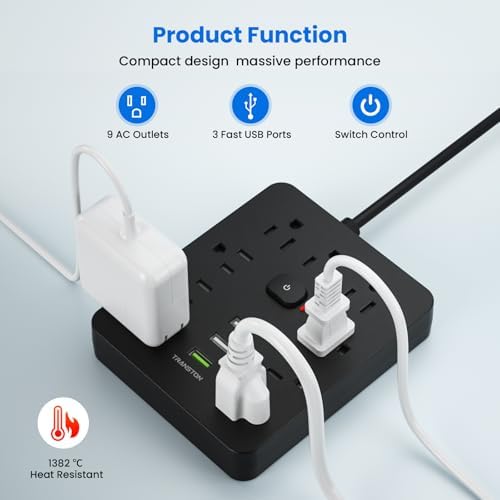 Ultimate Power Strip Surge Protector with 9 Outlets & 3 USB Ports – Fireproof Desktop Charging Hub with Space-Saving Flat Plug for Home & Office, 5 ft Extension Cord, Enhanced Safety & Speed for All Devices