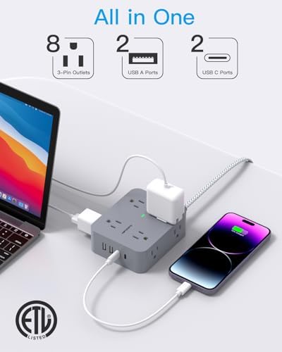 HANYCONY 6 ft Surge Protector Power Strip with 8 Outlets & 2 USB-C Ports – Essential College Dorm Extension Cord with Space-Saving Flat Plug for Fast Charging and Device Safety – Perfect for Home Office and Tech Needs