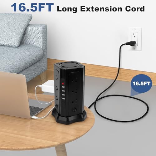 Revolutionize Your Charging Setup with the 16.5 FT Power Strip Tower – 12 AC Outlets & 5 USB Ports (1 USB-C) Surge Protector for Home, Kitchen, Dorm, & Office – Space-Saving Design with Enhanced Overload Protection for Maximum Device Compatibility and Rapid Charging Efficiency
