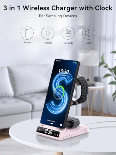 Upgrade Your Charging Experience with the Premium 3-in-1 Wireless Charger Station for Samsung Devices – Ultra-Fast Dock for Galaxy S24 Ultra, S23 Ultra, Z Flip 6, Fold 5, Galaxy Watch 7/6/5 Pro, and Buds – Modern Wood Grain Design with Integrated Clock for Enhanced Organization and Style