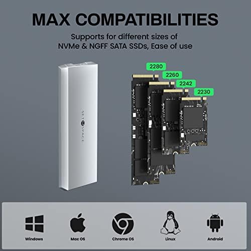 Ultra-Durable SETMSPACE NVME Enclosure – 10 Gbps SSD Adapter for M-Key Drives, Solid Aluminium Alloy Case with USB C/A Cables, Supports 2230/2242/2260/2280 Sizes, Enhanced Portability and Robust Performance in Sleek Grey Design