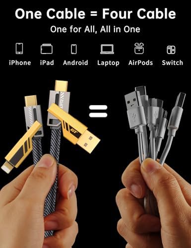 SHEZI 4-in-1 USB C Charging Cable – 60 W Fast Charge & 480 Mbps Data Transfer, 5 FT Yellow Nylon Braided Cord for i Phone, i Pad & More – Ultimate Versatility & Durability for Home, Office, and Travel