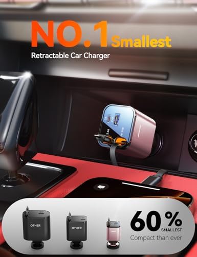 JOYROOM Ultra-Compact 84 W Retractable Car Charger – Fast USB-C Charging for i Phone 12-16 | Travel Essential Car Adapter for Quick Device Power-Up | Sleek Design, Tangle-Free Cable, Perfect Gift for Men & Women