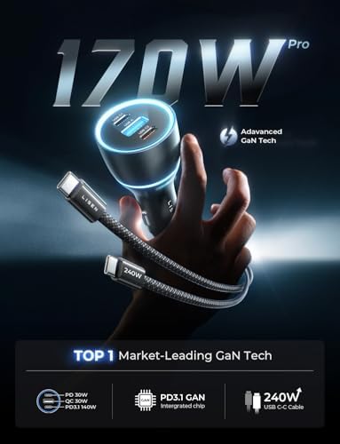 LISEN 170 W Ga N Car Charger – Ultra-Fast USB-C Adapter for i Phone 16 Pro Max, Samsung Galaxy S25 Ultra, & Mac Book Pro – Dual Port PD3.1 Technology for Rapid Laptop & Smartphone Charging – Compact & Durable Cigarette Lighter Charger for All Modern Devices