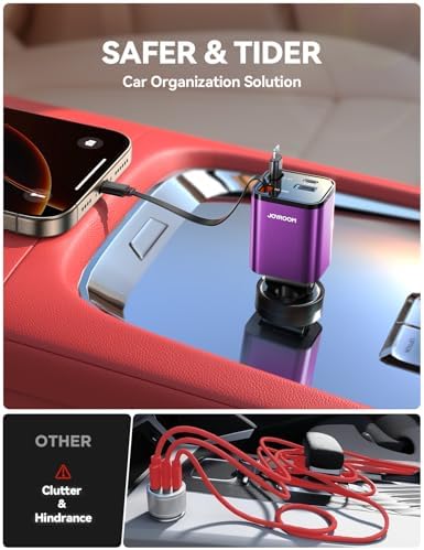 JOYROOM Ultra-Compact 84 W Retractable Car Charger – Fast USB-C Charging for i Phone 12-16 | Travel Essential Car Adapter for Quick Device Power-Up | Sleek Design, Tangle-Free Cable, Perfect Gift for Men & Women