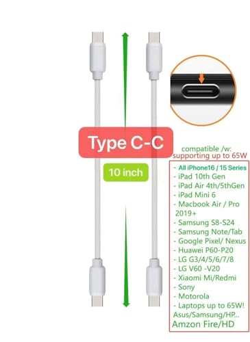 10-Pack Short USB Cables & Type C-C for Fast Charging – Optimized for i Phone 16/15, i Pads, Samsung Devices, and More – Premium Black Design for Efficient Clutter-Free Power Solutions
