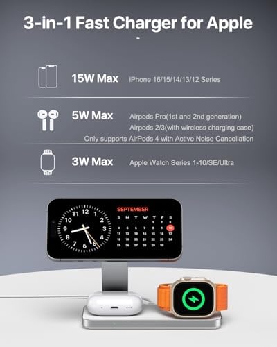 3-in-1 Magnetic Foldable Wireless Charging Station – Ultra-Fast Mag-Safe Charger for i Phone 16/15/14/13/12, Apple Watch Ultra/SE/10/9/8/7/6/5/4, Air Pods Pro/4/3/2 | Compact & Adjustable Design with Enhanced Safety Features in Black & White – Perfect for Home & Travel