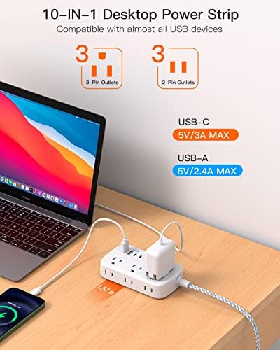 BESHON 5 FT Flat Plug Power Strip with 6 Outlets and 4 USB Ports – Ideal Travel Companion for Dorm Rooms and Cruise Ships, Space-Saving Design for Enhanced Accessibility and Fast Charging