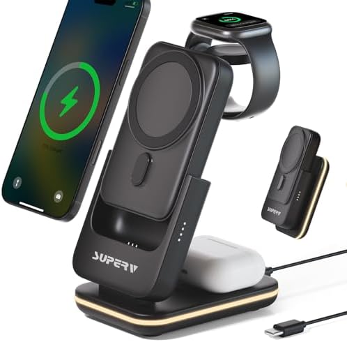 Ultimate 4-in-1 Magnetic Charging Station – SUPERV Foldable 5000 m Ah Power Bank for i Phone 16/15, Apple Watch, Air Pods & Samsung Galaxy S25/S24 – Fast Wireless Charger with Enhanced Mag-Safe Compatibility for Seamless Portability and Versatile Device Support
