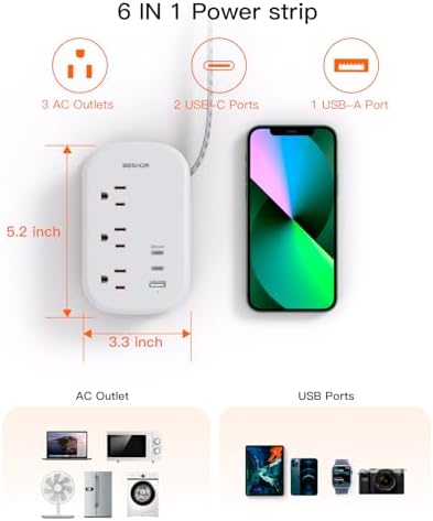BESHON Ultra Flat USB C Travel Power Strip – Versatile 3 AC Outlets & 3 USB Ports (2 USB-C) with 3.2 ft Tangle-Free Extension Cord for Seamless Charging on Cruise Ships & Travel – Essential Compact Power Solution in Grey for On-the-Go Connectivity and Device Protection