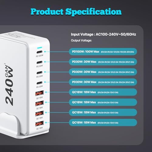 Revolutionary 240 W Ga N USB C Charging Station – 8-Port Fast Charger with PD100 W for Seamless Device Compatibility – Ideal Power Adapter for Mac Book Pro/Air, i Phone, Samsung, and Google – Compact Multi-Device Charging Hub for Enhanced Performance and Portability