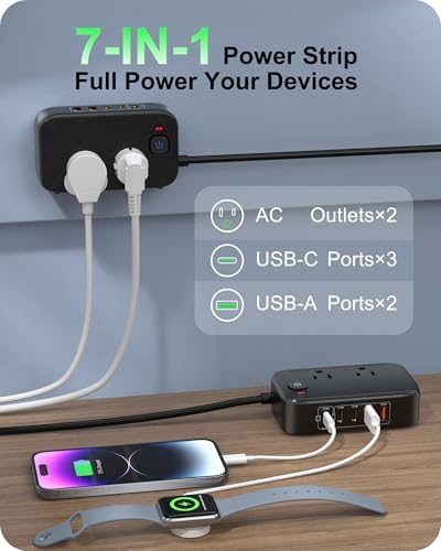 Ultimate 7-in-1 Power Strip with 65 W Ga N Technology | Flat Plug Design for Space-Saving | 3 USB-C & 2 USB-A Ports for Rapid Charging | 2500 W AC Outlet for Home, Office, College & Travel | Versatile Surge Protector for All Devices