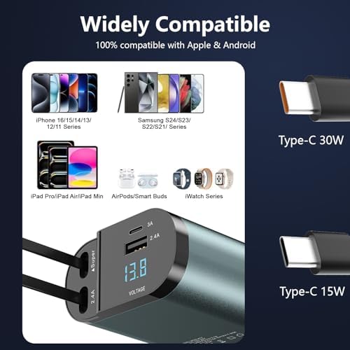 69 W Retractable Car Charger – 4-in-1 Fast Charging Solution with 2.6 ft Cables, Dual USB C & A Ports for i Phone 16/15/14/13/12/11, Galaxy, Pixel & Samsung Devices – Ultimate Travel Accessory for Seamless Power on the Road