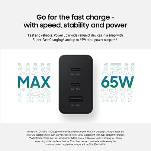 Samsung 65 W Trio Fast Charging Wall Adapter – Universal Triple Port USB-C Charger for Optimal Device Compatibility and Rapid Power Delivery