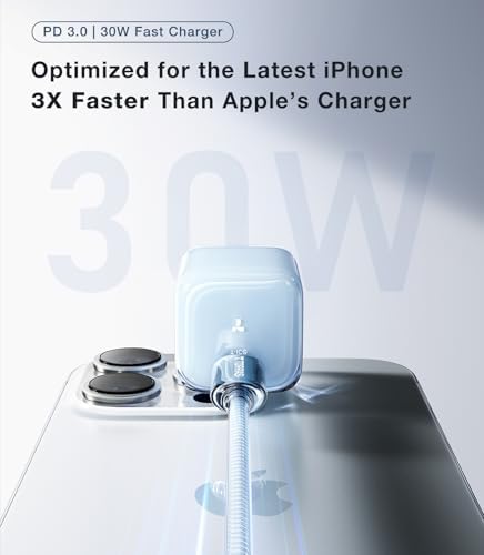 Ultra-Fast TORRAS Icenano 30 W USB-C Charger Block – PD 3.0 Compatible Wall Adapter with 5.5 ft Cable, Stylish Crystal Pink Design, Low-Temperature Operation for Safe Charging of i Phone 16/15 & Mag Safe – Perfect for Travel and Home Use