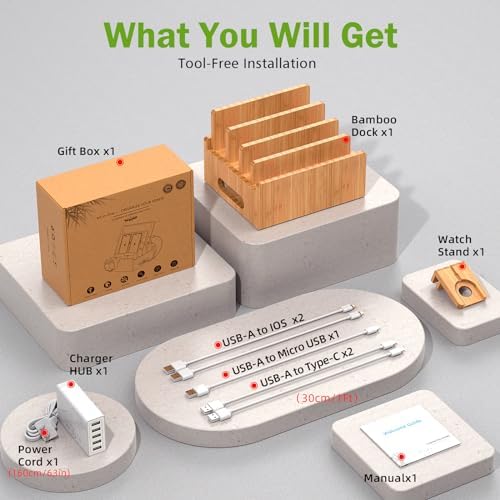 Eco-Friendly Bamboo Multi-Device Charging Station by Pezin & Hulin – Ultimate Organizer for Smartphones, Tablets & Smartwatches with 5 High-Quality Charging Cables – Efficient, Clutter-Free Design for Home or Office Use