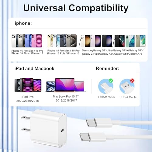 Ultimate 20 W Fast Charging Solution: 10 Ft i Phone 15 Charger with 3 Durable USB-C Cables & Dual Wall Adapters – Compatible with i Phone 15/15 Pro/Pro Max, i Pad Pro, Air Pods, and Samsung Devices for Rapid Power-Up and On-the-Go Convenience
