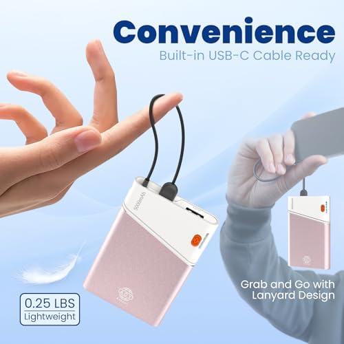 Sleek 5000 m Ah Pink Portable Power Bank with Integrated USB-C Fast Charger – Ultra-Compact Mini Battery Pack for i Phone 16/15/14 & Samsung S24 – Lightweight Design with Handy Lanyard for Effortless Travel Charging