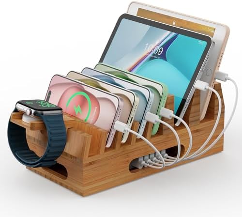 Eco-Friendly Bamboo Multi-Device Charging Station Organizer – Sleek Wood Dock for Phones, Tablets & Smartwatches – Clutter-Free Desktop Solution with Enhanced Compatibility (No USB Charger) – Elevate Your Workspace Aesthetics