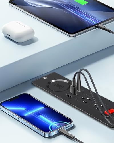 Recessed Power Strip with 15 W Wireless Charging & PD20 W USB-C Fast Charge – Sleek Flush Mount Design for Nightstands, Sofas, and Tables – Maximize Space and Efficiency with Dual Outlets and USB Ports for Ultimate Convenience