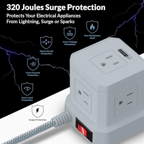 Uncaged Ergonomics Cube Power Strip with 10 ft Extension Cord – Surge Protected Charging Station Featuring 5 AC Outlets, 3 USB Charging Ports (1 USB-C Fast Charger) and On/Off Switch for Ultimate Convenience and Safety