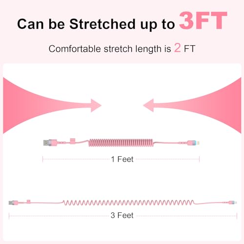 Stylish 3 FT Pink Coiled i Phone Charger 2-Pack – MFi Certified USB to Lightning Cable for Apple Car Play – Fast Charging, Tangle-Free, Trendy Design for Home & On-the-Go Power Solutions