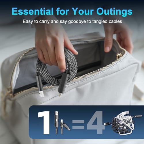 240 W 4-in-1 Braided Charging Cable: Ultimate Fast Charge Solution with E-Mark Chip for i Phone, i Pad, Mac Book & Android Devices (5 FT) – Durable Multi-Connector Cord for Seamless Device Compatibility and Superior Performance