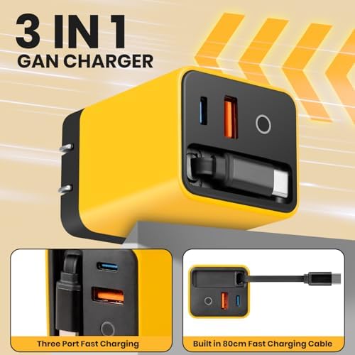 Ultimate 80 W Ga N Fast Charger Module: Versatile 3-in-1 Travel Charging Solution with Type-C Cable & Dual USB Ports for i Phone 15/14, Samsung Galaxy, Mac Book, and More – Compact & Stylish Yellow Power Hub for Maximum Device Compatibility and Speed Efficiency