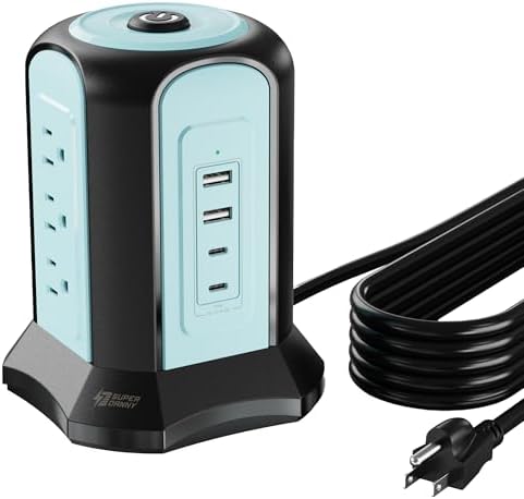 Maximize Your Charging Efficiency with the SUPERDANNY Power Strip Tower Surge Protector – 9 Outlets & 4 USB Ports, 10 Ft Extension Cord, 1080 Joules Surge Protection, Grounded Safety Design for Home and Office Use – Stylish Black Desktop Charging Station for Clutter-Free Solutions